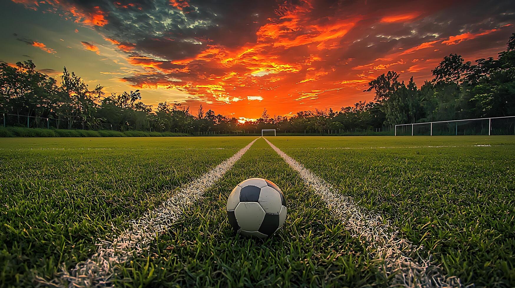 Soccer ball on the field at sunset with dramatic sky. photo