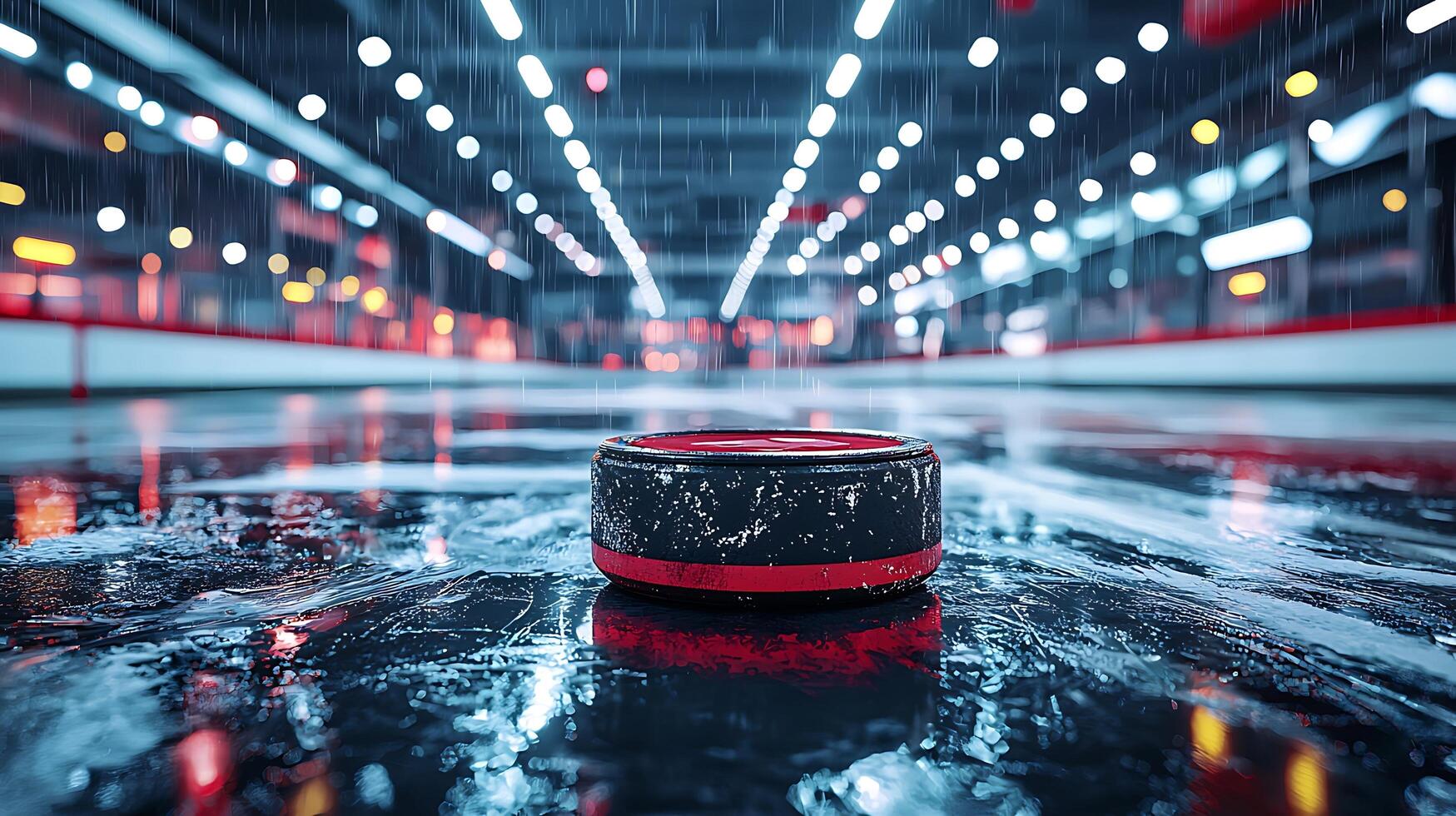 Ice hockey puck rests on a wet, reflective rink under dramatic stadium lights. The scene captures the moody atmosphere of the sport during a downpour, with blurred lights creating a bokeh effect. photo