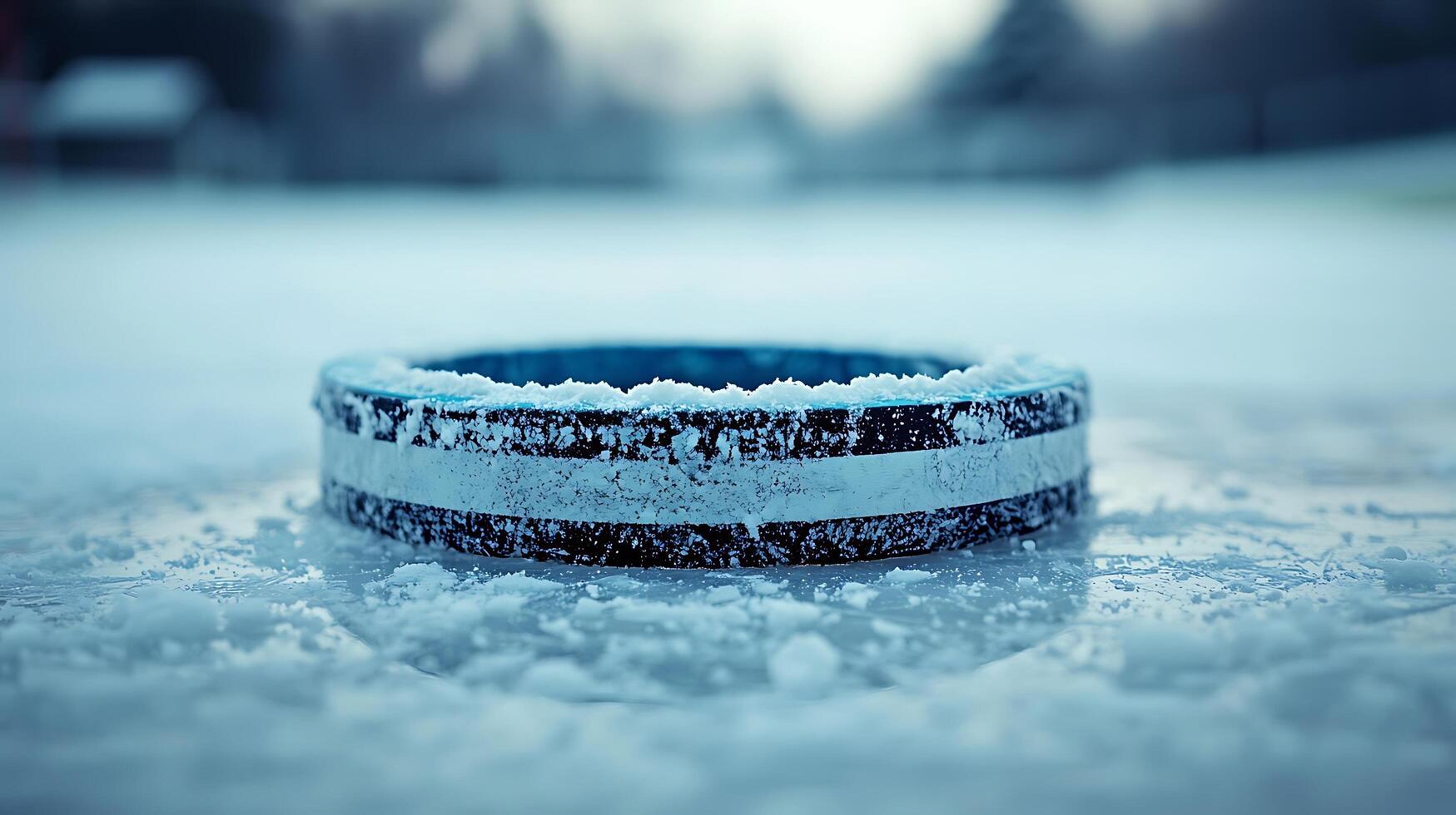 Close up of a hockey puck covered in frost on a frozen surface. photo