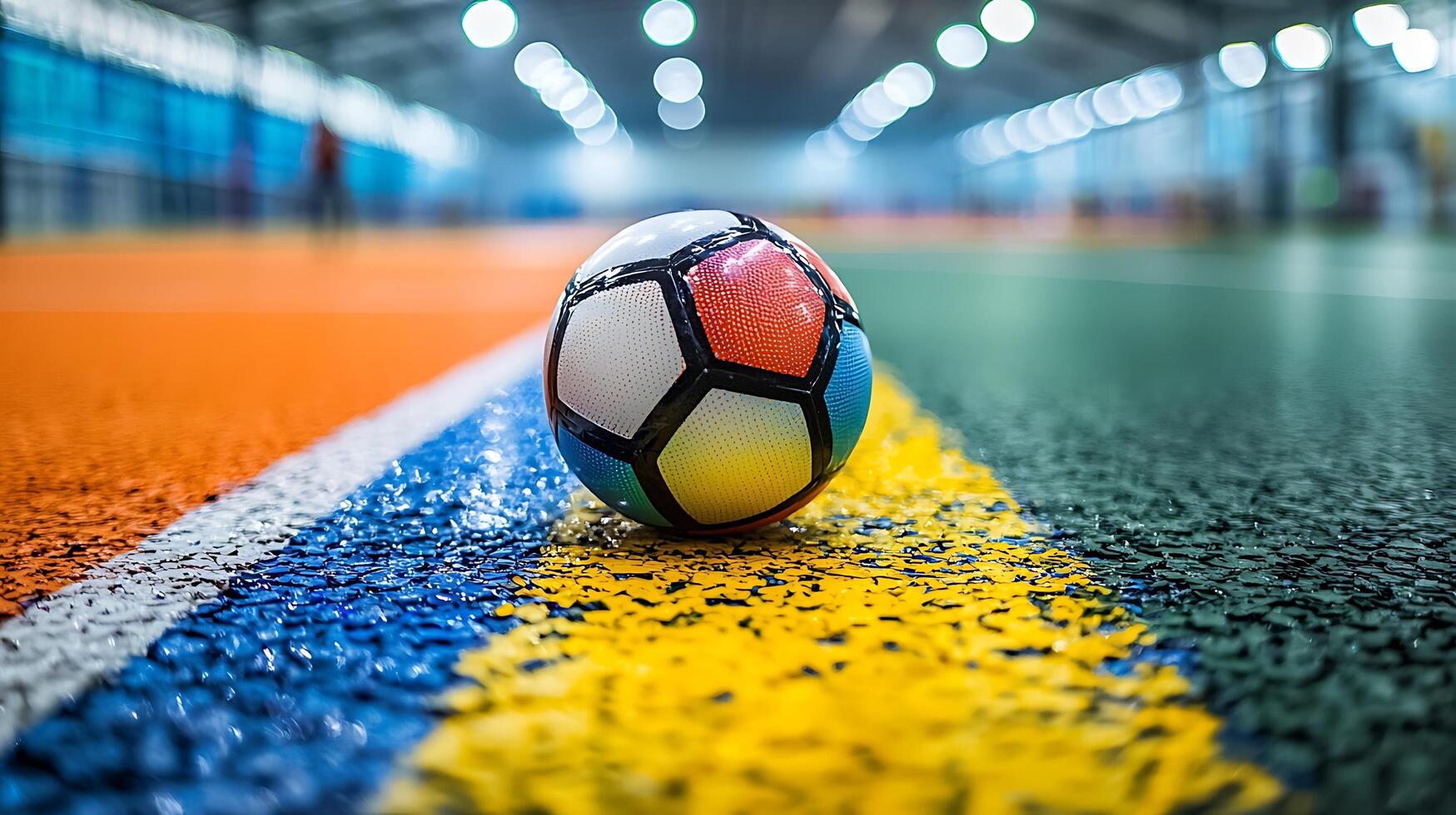 Close up of a colorful soccer ball on a wet indoor sports court. photo