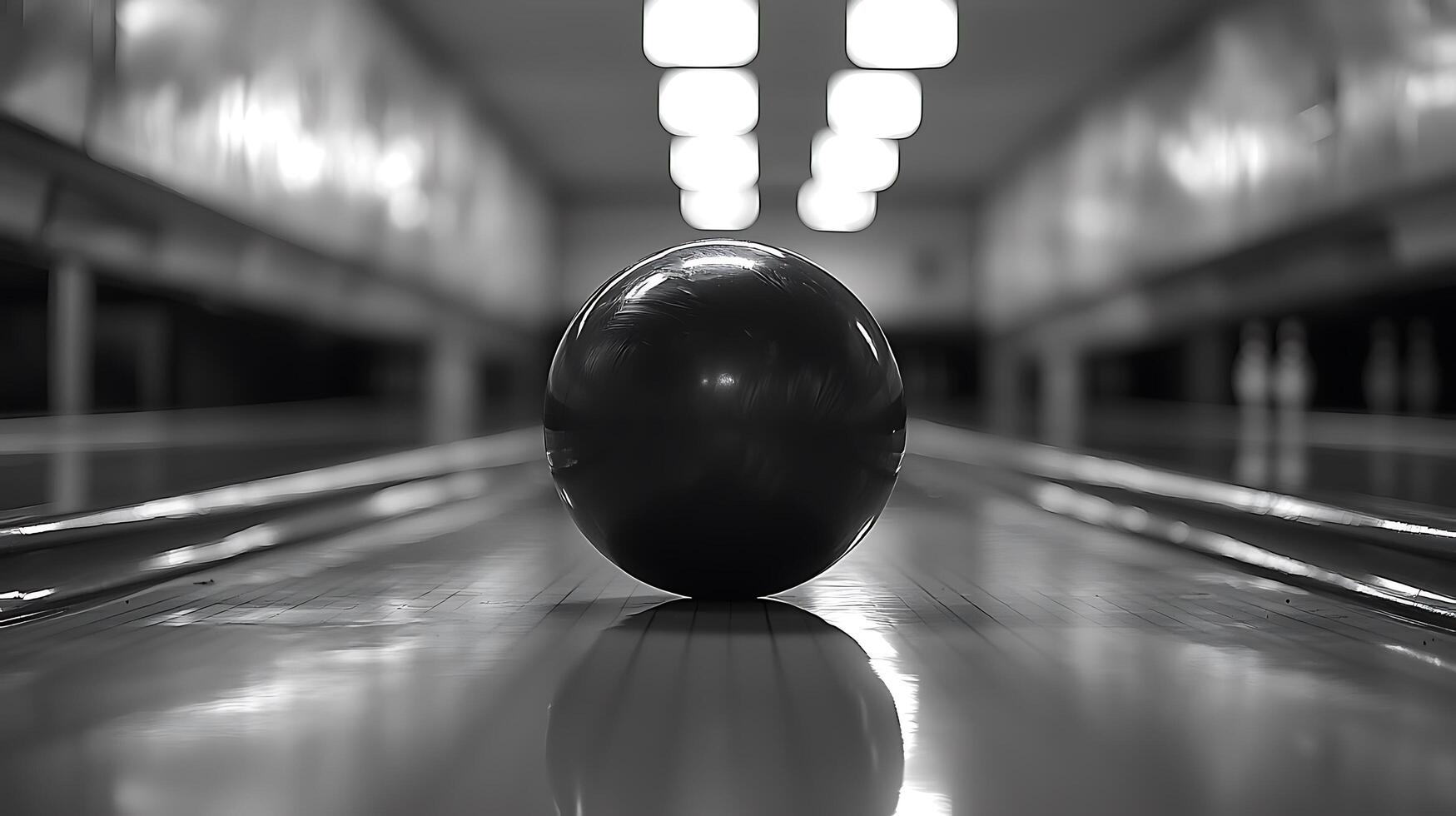 A solitary bowling ball rests on the polished lane under bright overhead lights. The image captures the anticipation and focus of the game. photo