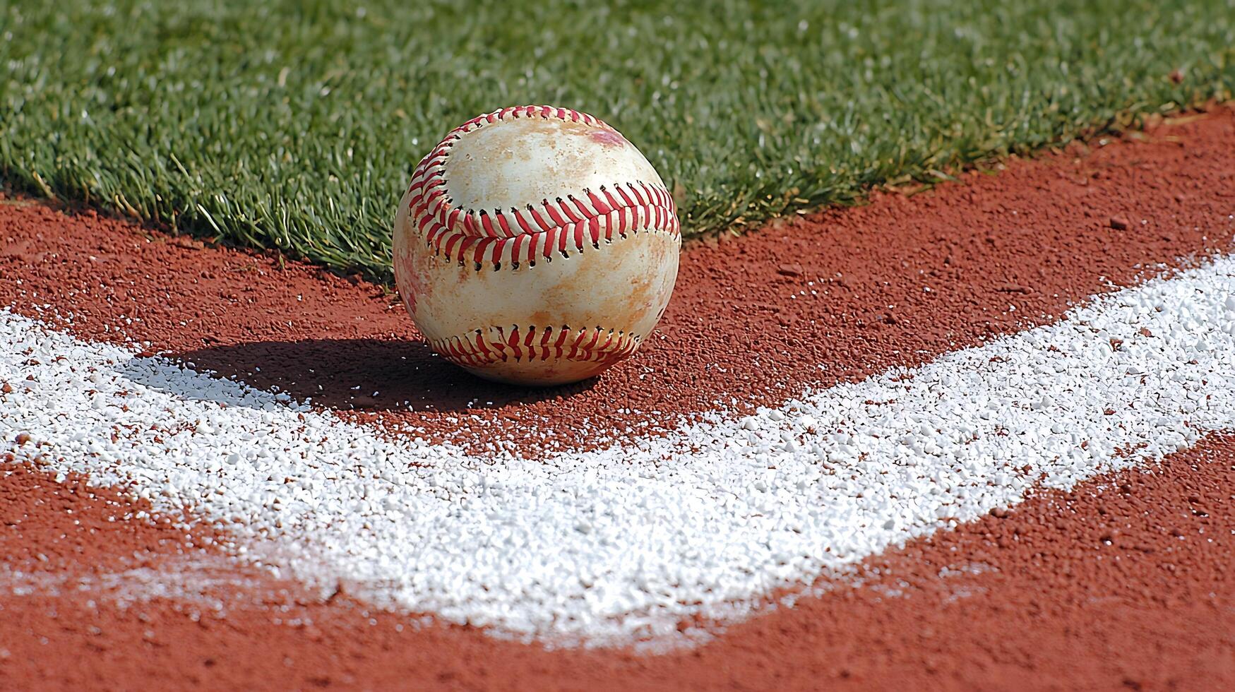 A close up of a baseball on a baseball field's foul line. photo