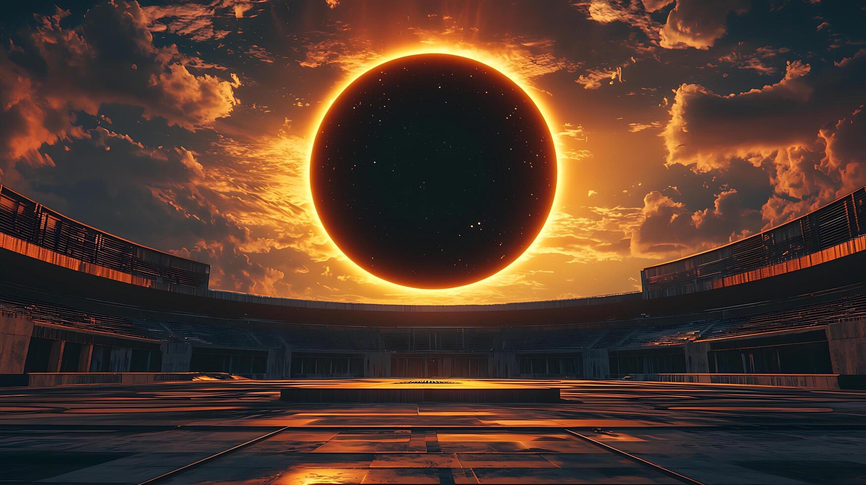 Epic celestial event in a futuristic stadium. photo