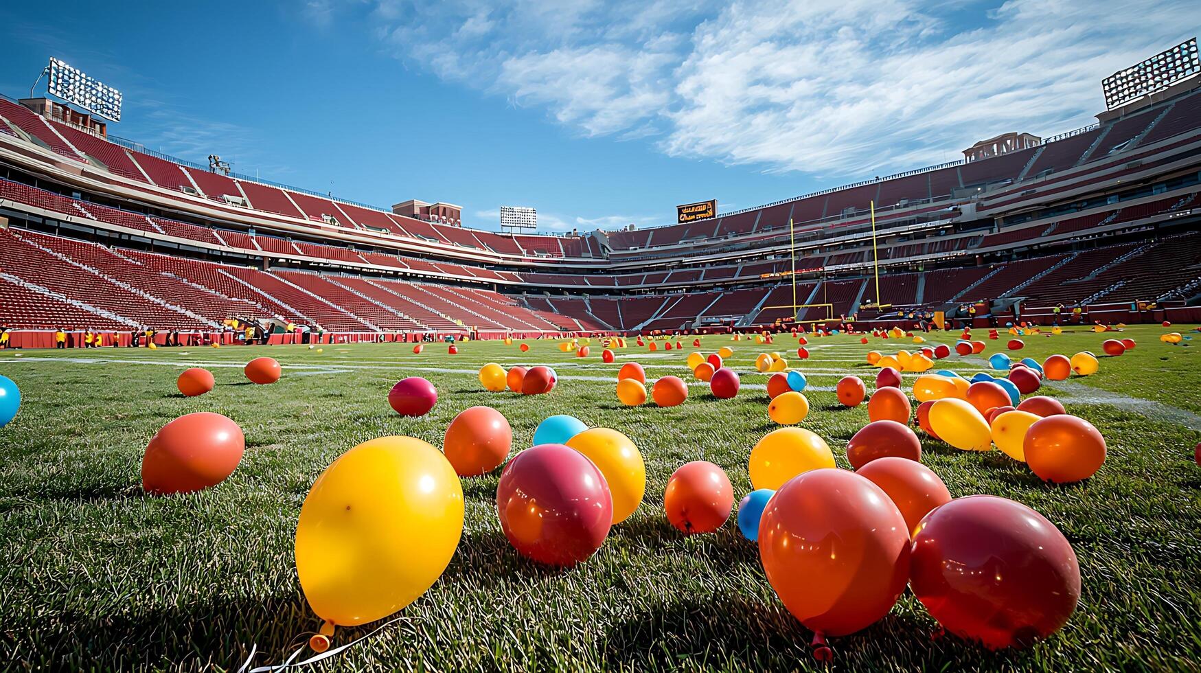 Colorful Balloons Scattered Across a Football Stadium Field Under a Clear Blue Sky. photo