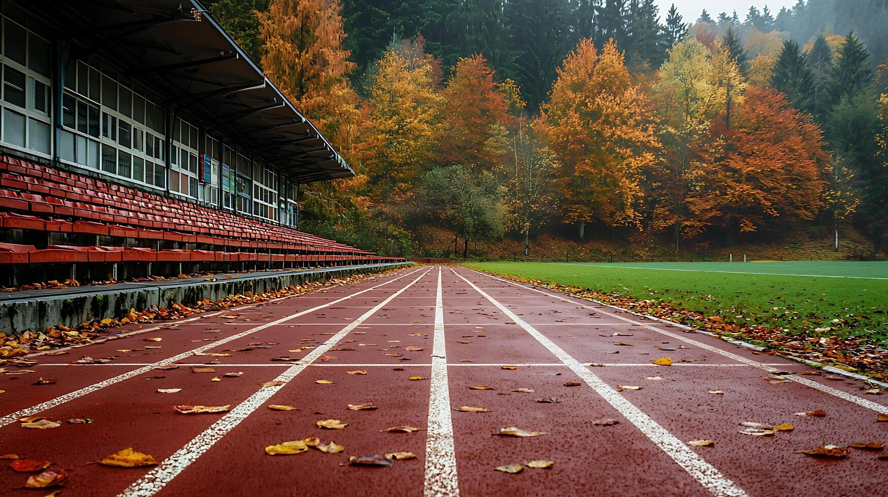 Autumn track and stadium in a forest setting. A running track is visible in the foreground with fallen autumn leaves scattered across it. photo