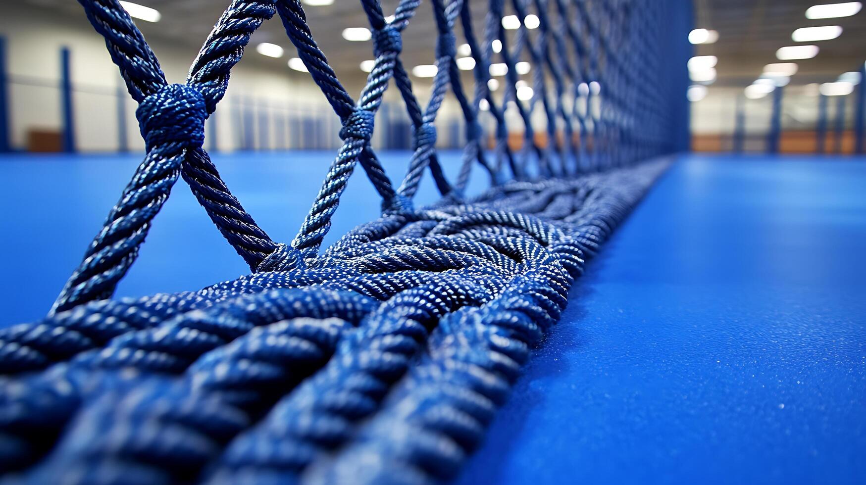 Detailed Close up of a Thick Blue Rope and Mesh in an Indoor Sports Arena. photo