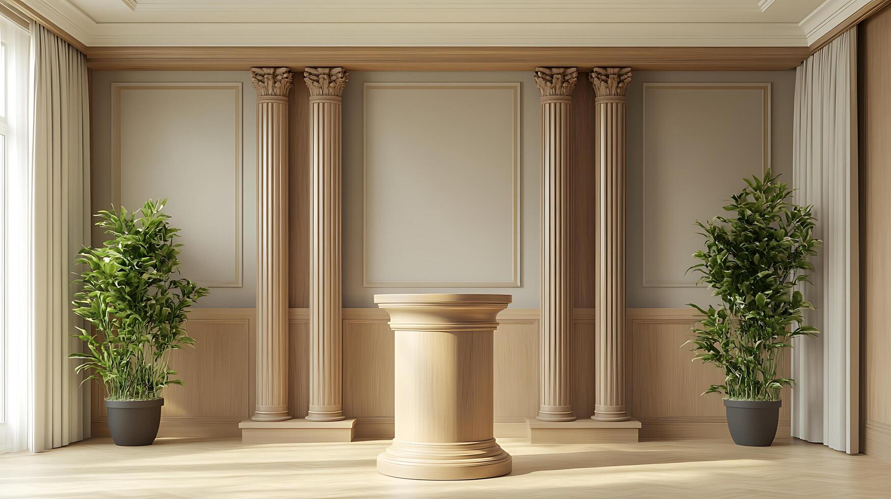 Elegant interior with classical columns and a central pedestal, illuminated by natural light. This scene evokes a sense of grandeur and sophistication, perfect for presentations or formal settings. photo