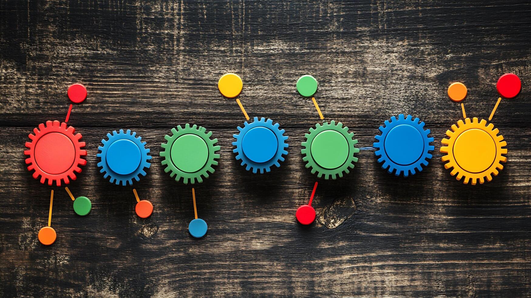 Colorful interlocking gears and circles connected on a wooden background. This image represents teamwork and collaboration in a project or business setting. photo