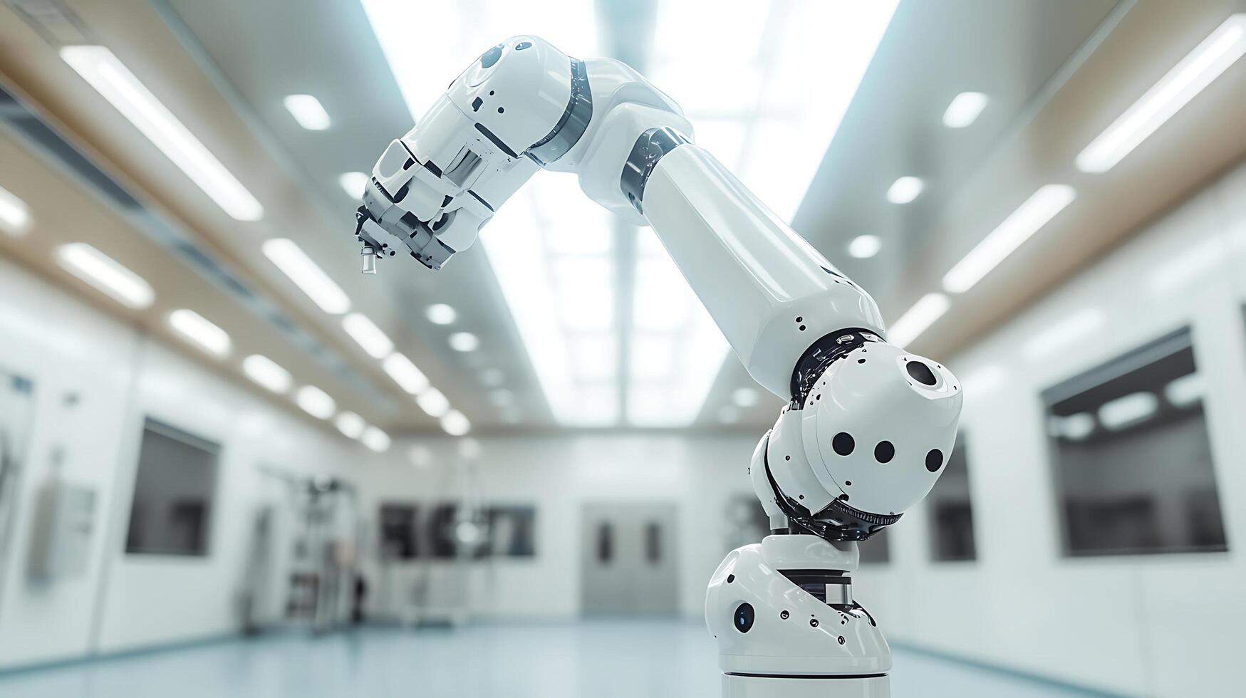 Advanced robotic arm in a clean, modern facility. This sophisticated machine represents innovation and automation in industrial settings. photo