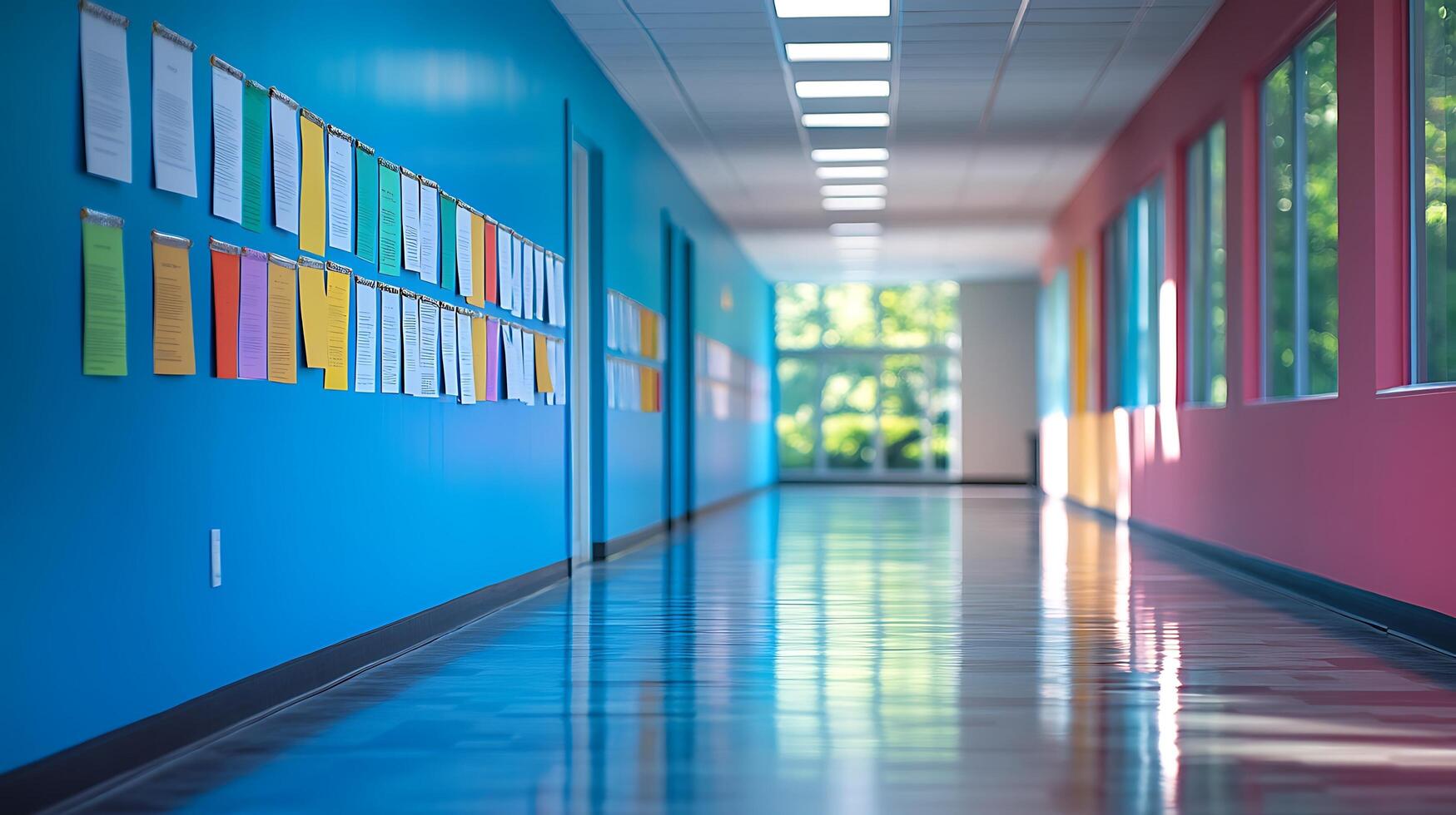 Bright and Colorful School Hallway with Bulletin Boards and Reflections. photo