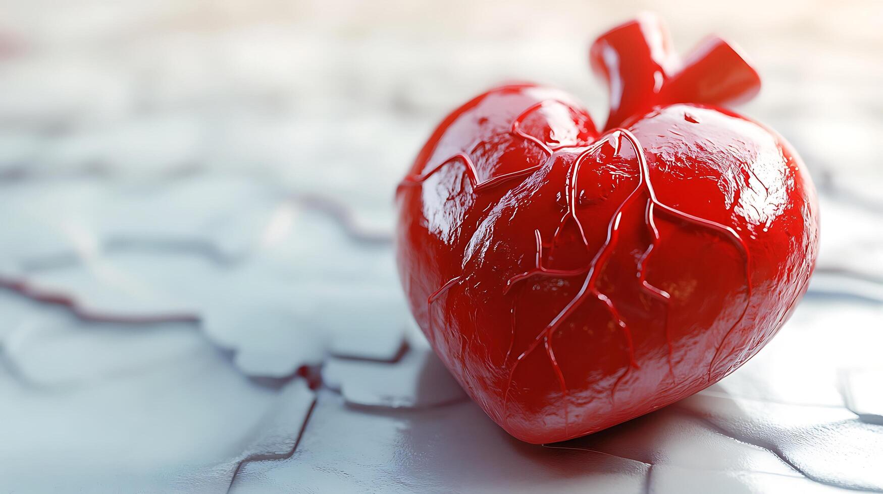 A close up on a shiny red anatomical heart with visible vessels. photo