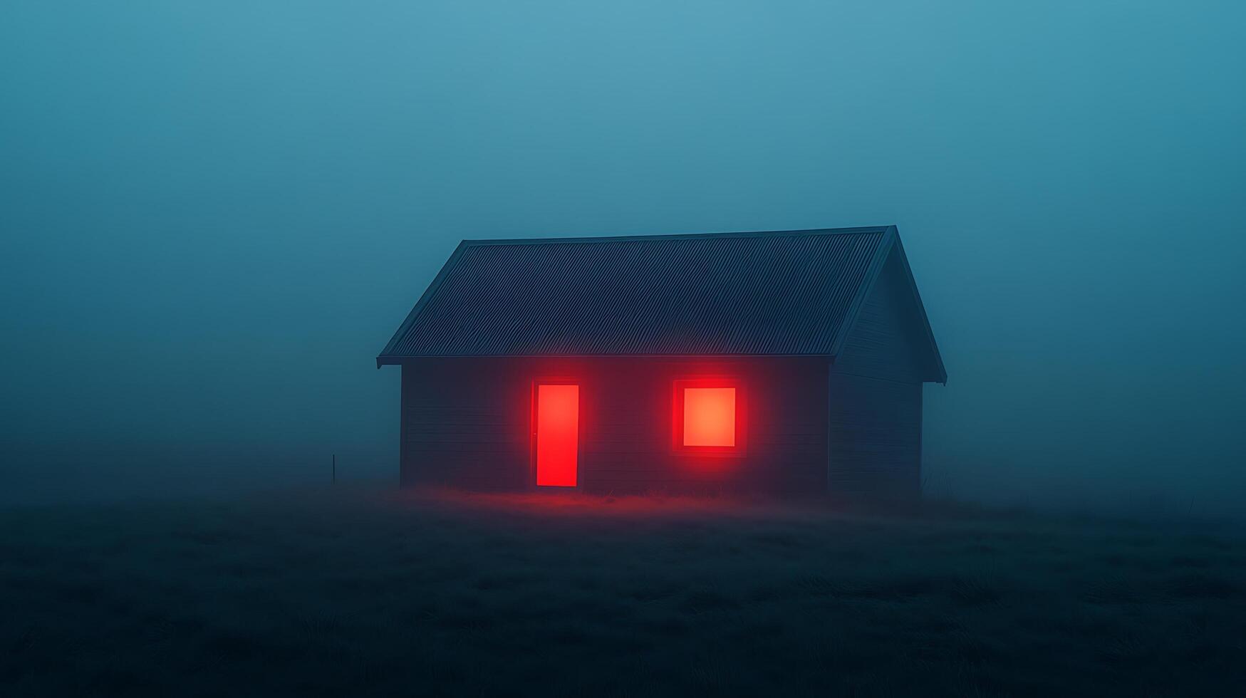 Minimalist house in fog with bright red glowing windows. This image captures a solitary building shrouded in atmospheric mist, with its windows emitting an intense red light. photo