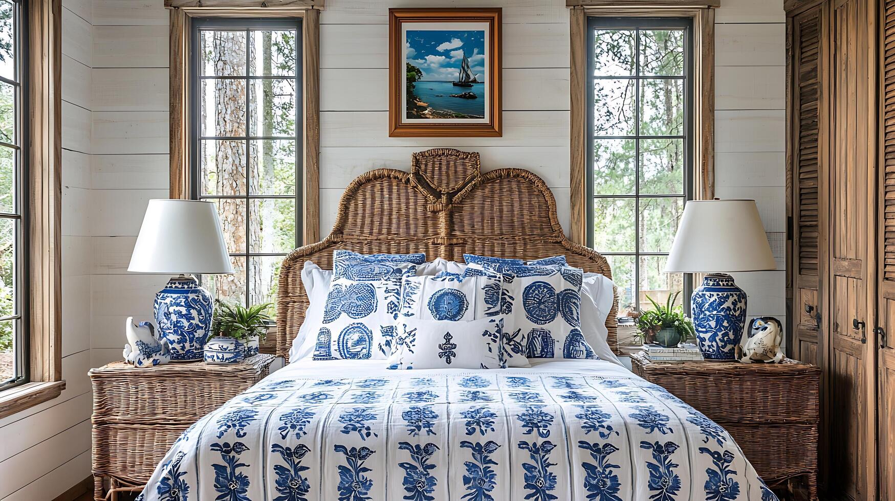 Cozy bedroom with blue and white patterned bedding and rustic charm. This inviting space features a wicker headboard and bedside tables, creating a warm and comfortable atmosphere. photo