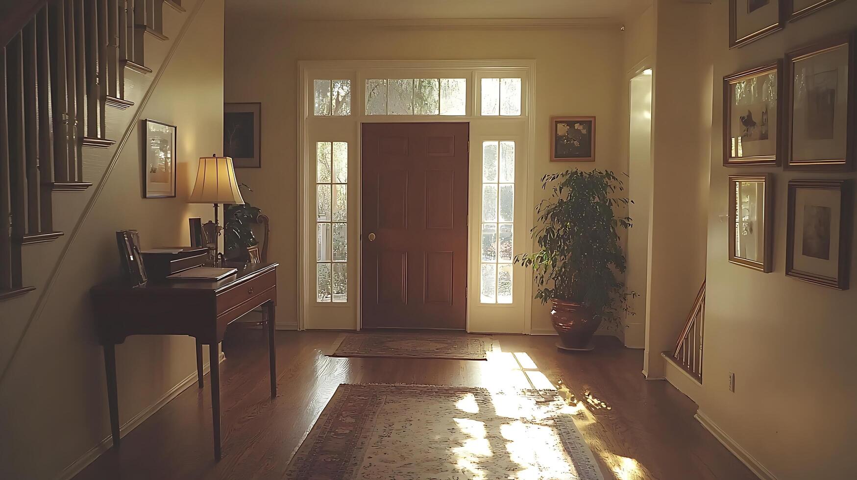 Warm sunlight streams into a welcoming home entryway featuring a staircase and decorated walls. The natural light creates a serene and inviting atmosphere for any domestic setting. photo