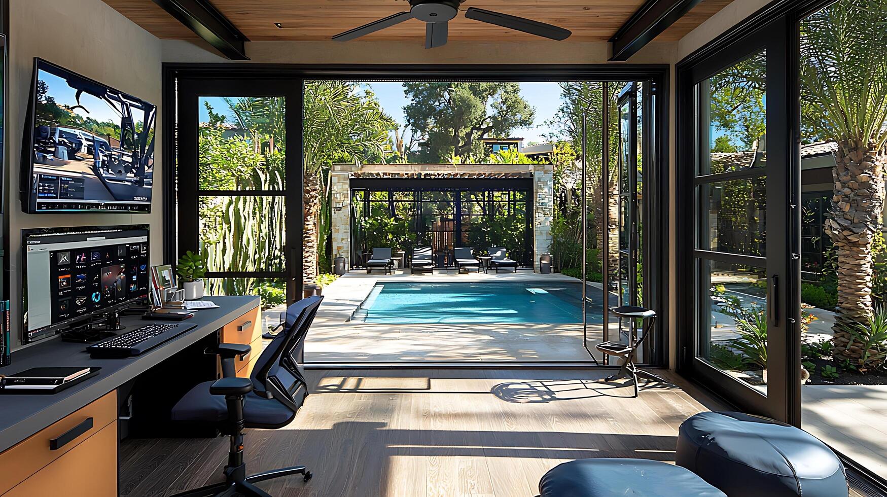 Modern home office with a view of a serene backyard pool and lush greenery. This stylish workspace offers a blend of indoor comfort and outdoor tranquility. photo
