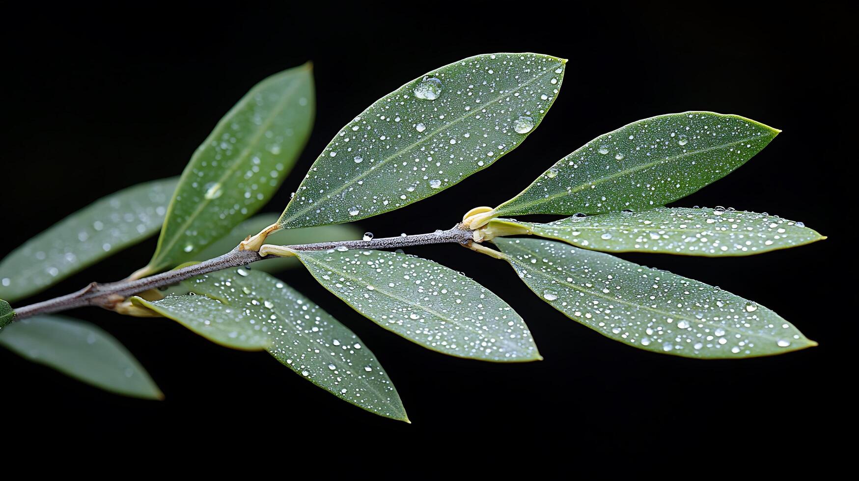 Close up of green leaves glistening with dew drops against a dark background. photo