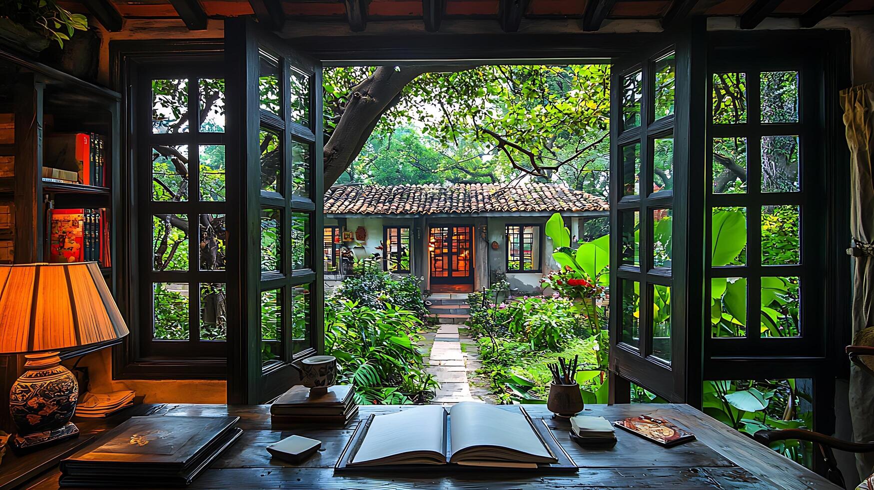 Tranquil study overlooking a lush garden with open French doors, inviting contemplation and creativity. The warm interior contrasts with the vibrant natural scene outside. photo
