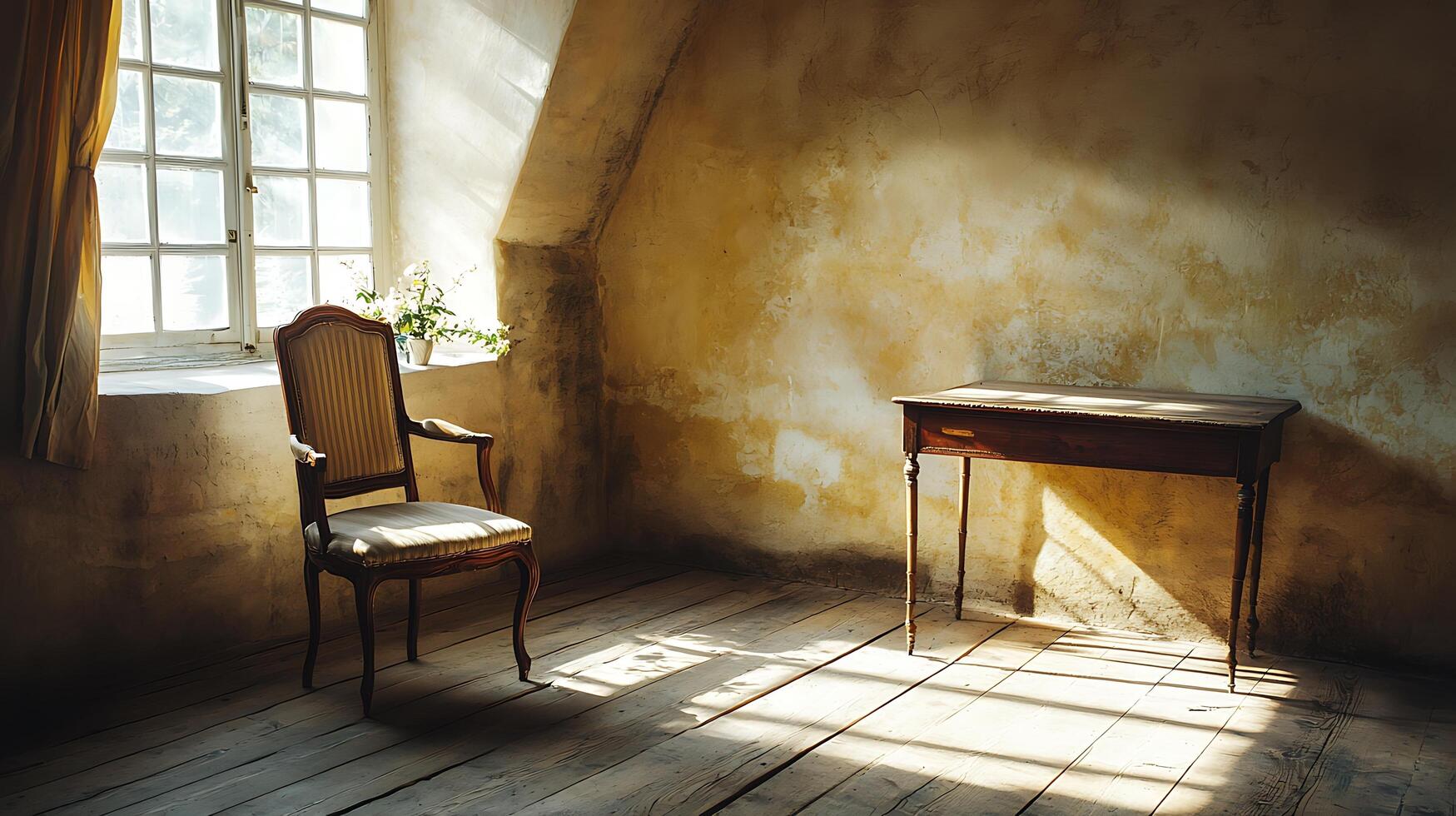 An antique chair and desk bathed in warm sunlight within a rustic room. photo