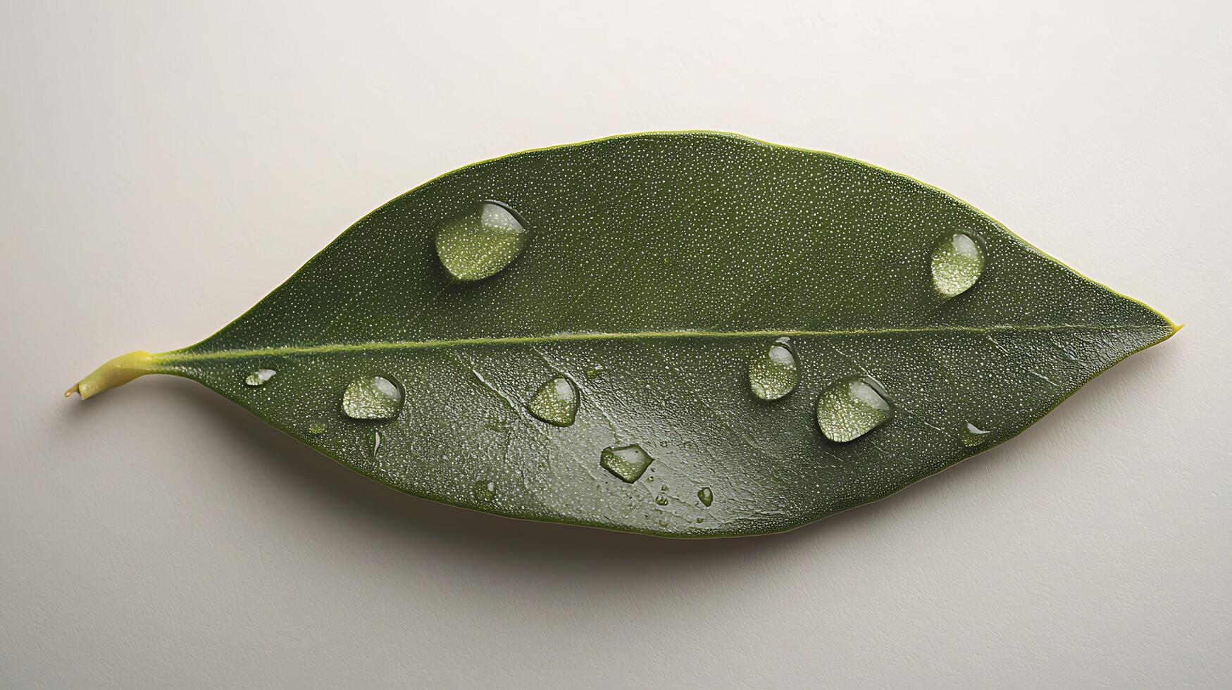 A single green leaf with several water droplets resting on its surface. photo