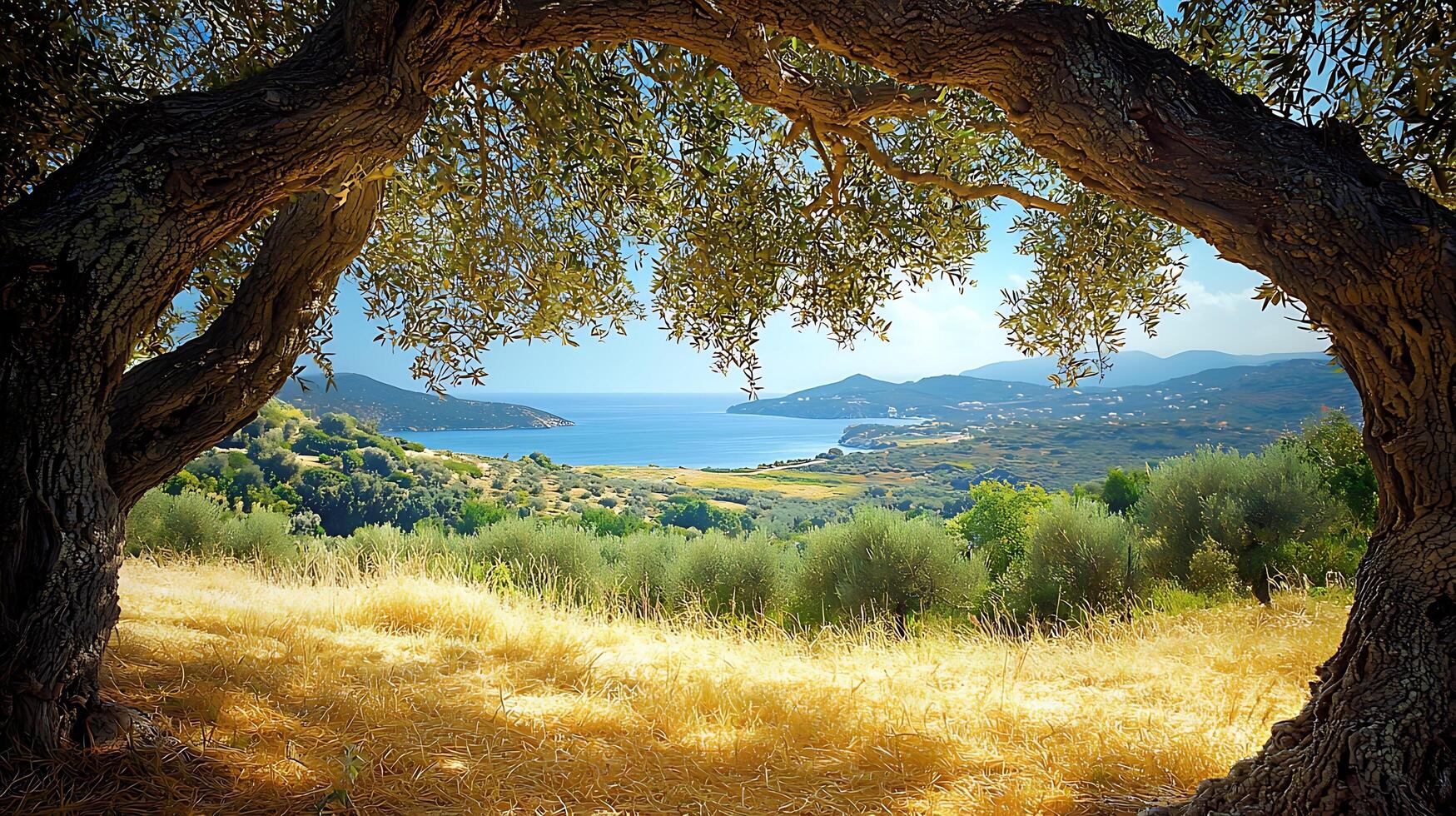 Framed Mediterranean View Through Ancient Olive Tree Branches. photo