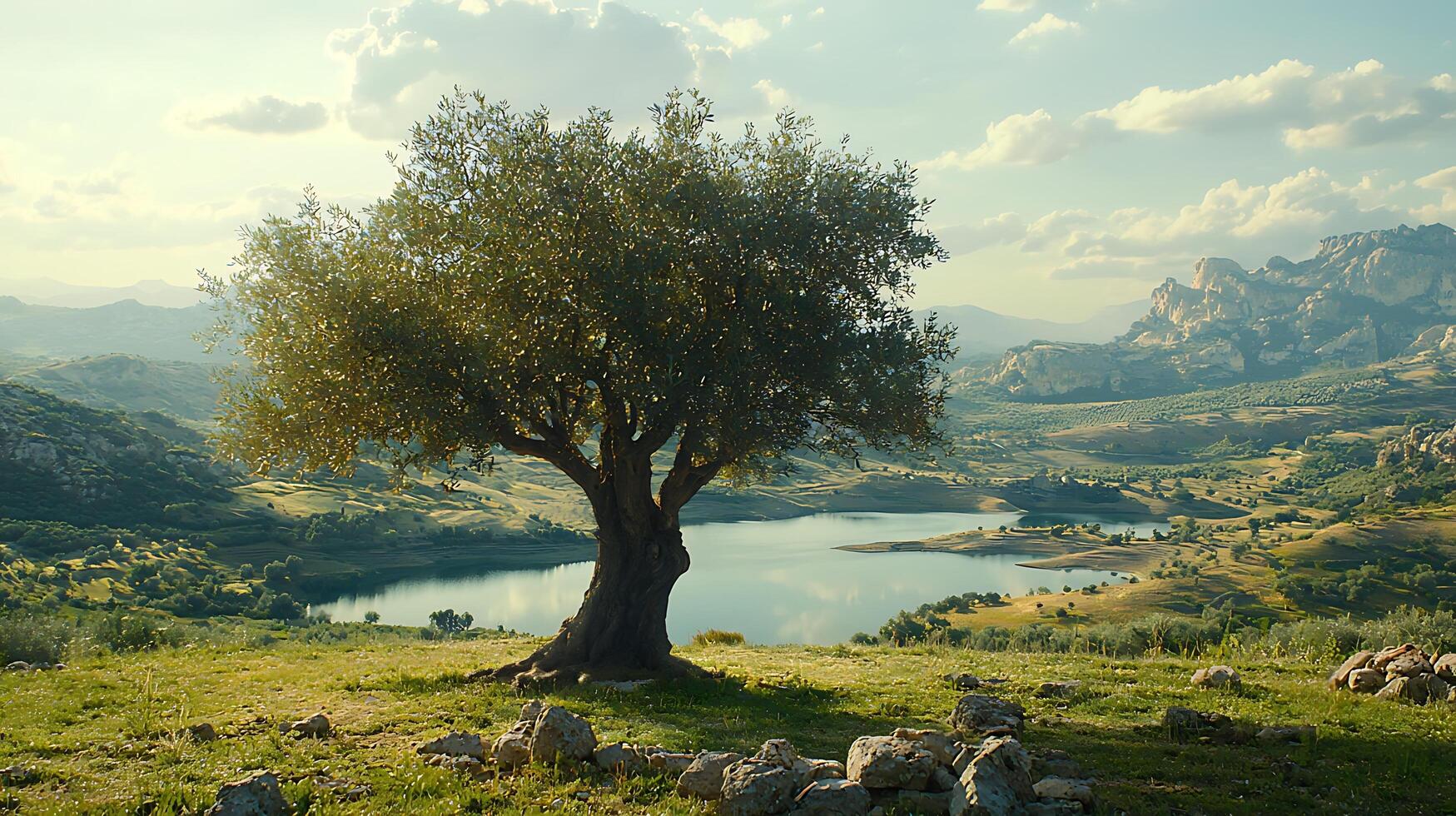 Majestic ancient olive tree overlooks a tranquil lake and rolling hills under a serene sky. This serene natural landscape evokes a sense of peace and timeless beauty. photo