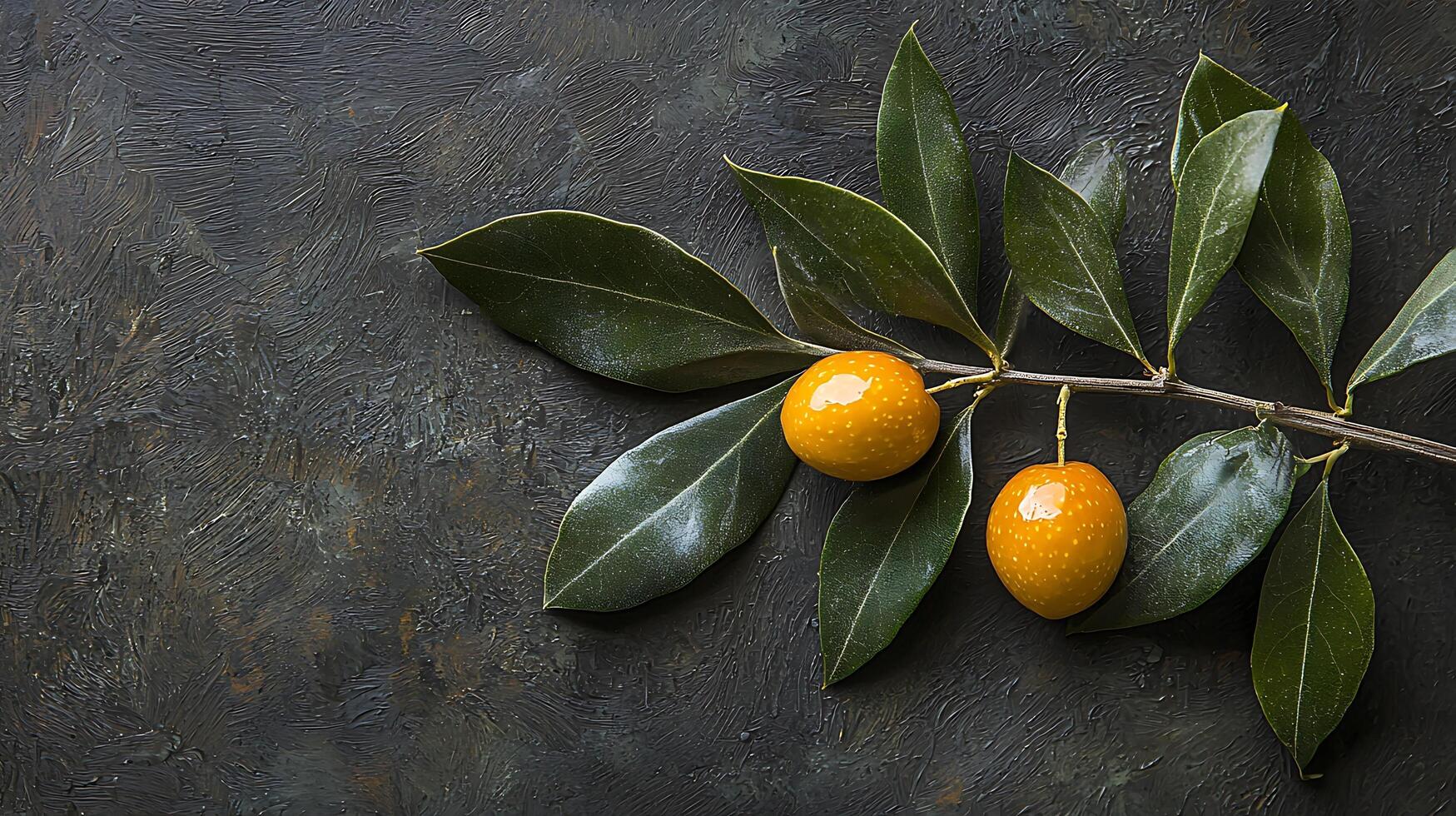 A sprig of ripe yellow olives hangs from a branch against a textured dark background. The vibrant fruit and rich green leaves are captured in a studio setting, highlighting their natural beauty. photo