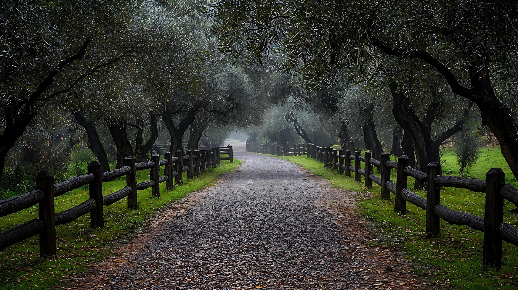 A misty forest path winds through ancient olive trees bordered by a rustic wooden fence. The scene evokes a sense of peaceful journey and natural beauty. photo
