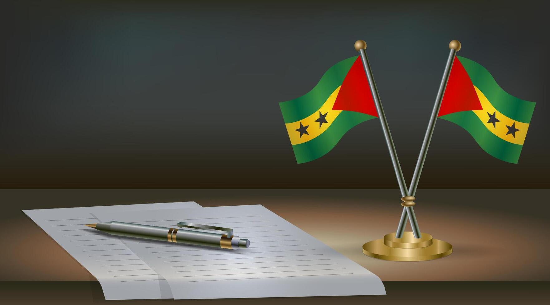 Sao Tome and Principe table flag on a dark gradient color background table. Illustration vector
