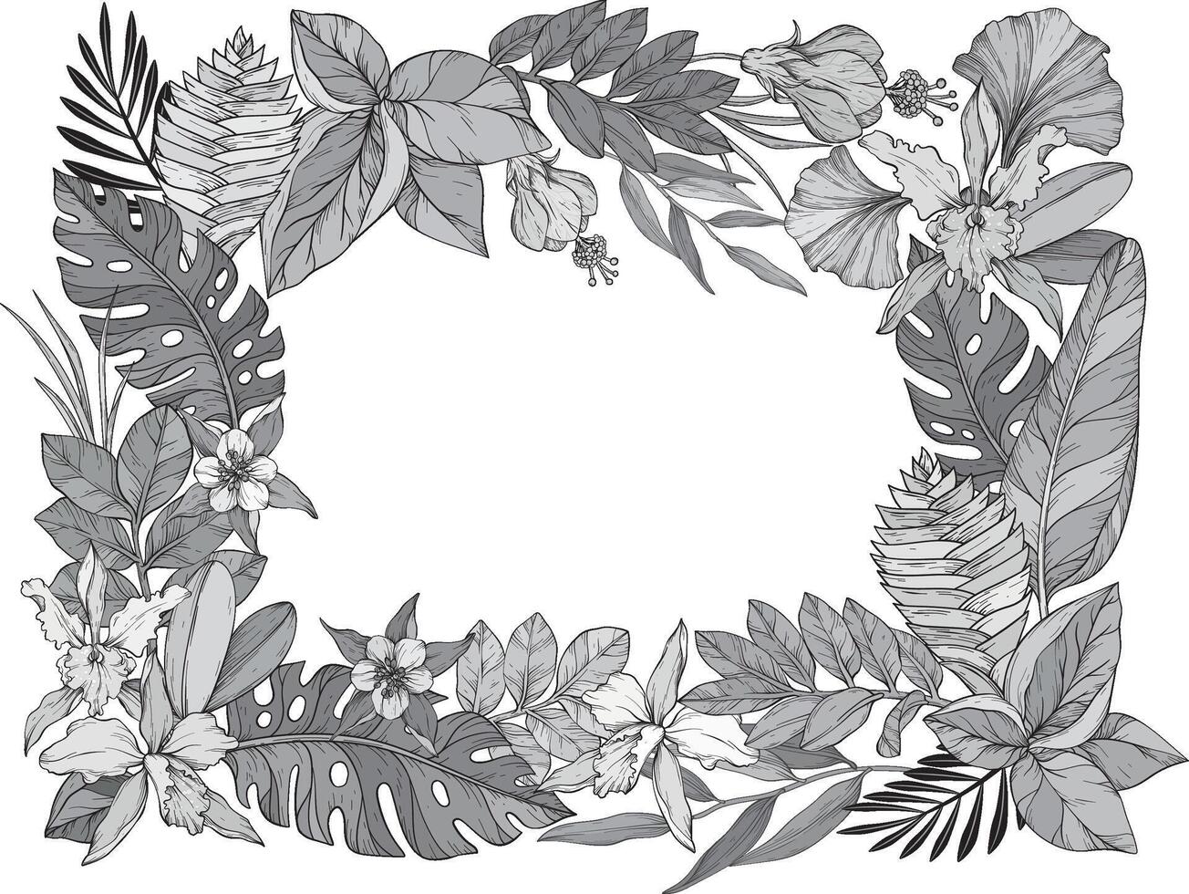 A monochrome grey illustration of a tropical floral frame featuring orchids, hibiscus, passion flowers, and ginger flowers surrounded by leaves. vector