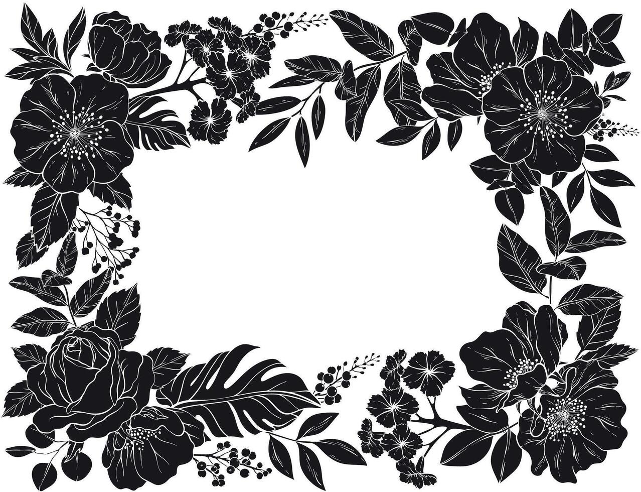 A delicate illustration of a silhouettes black floral frame featuring roses, poppies, peonies, geraniums, and various foliage vector