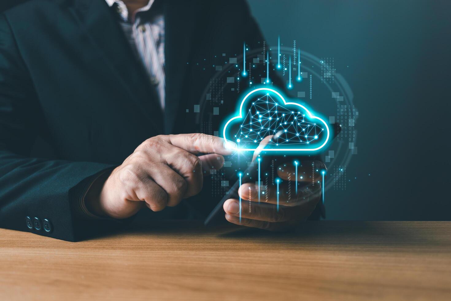 Hand touch icon cloud computing technology.secure backup online digital network and internet connection service concept.data storage center system sharing management for upload download transfer. photo
