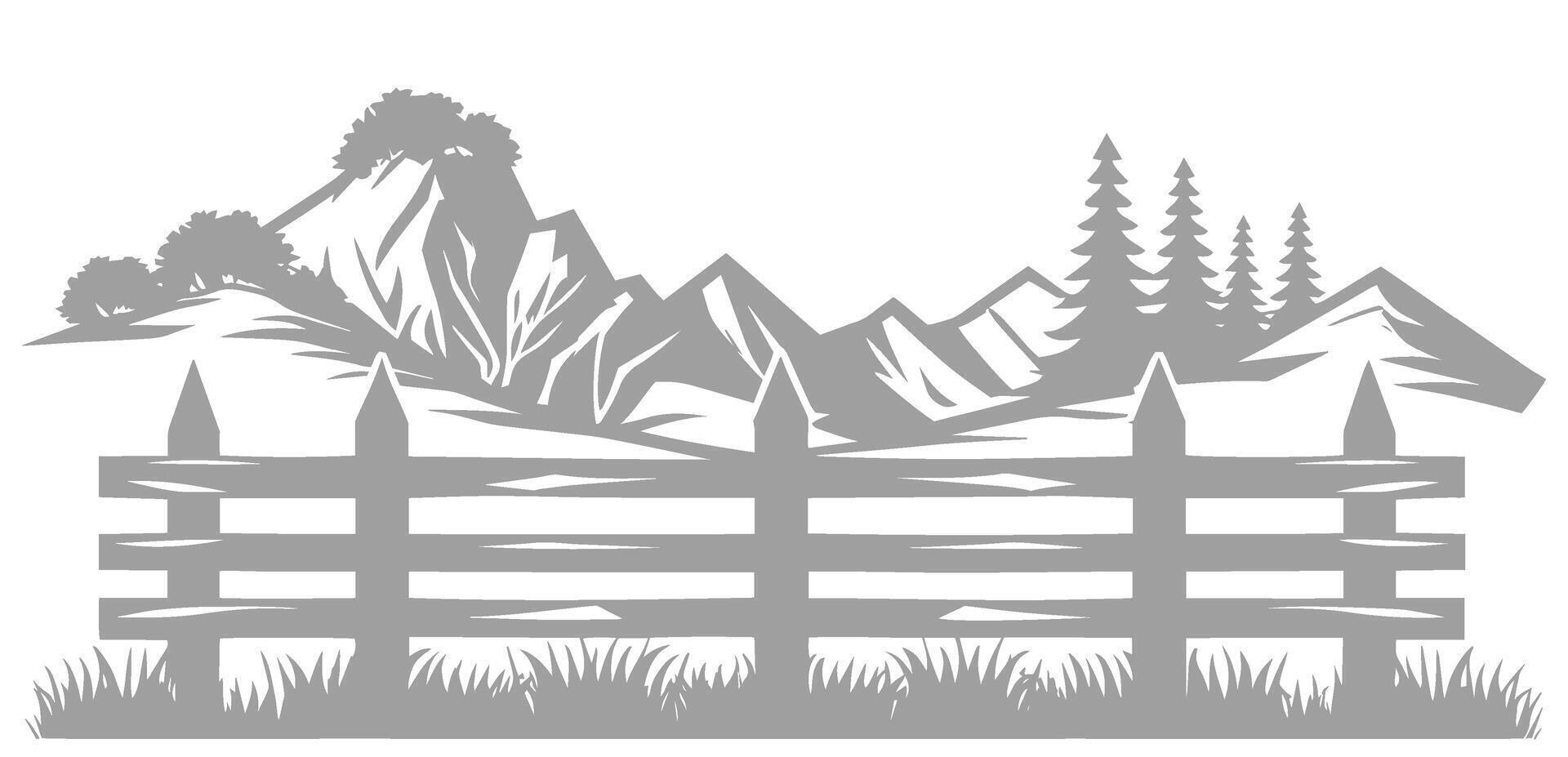 A tranquil rural landscape with a wooden fence, mountains, and trees vector