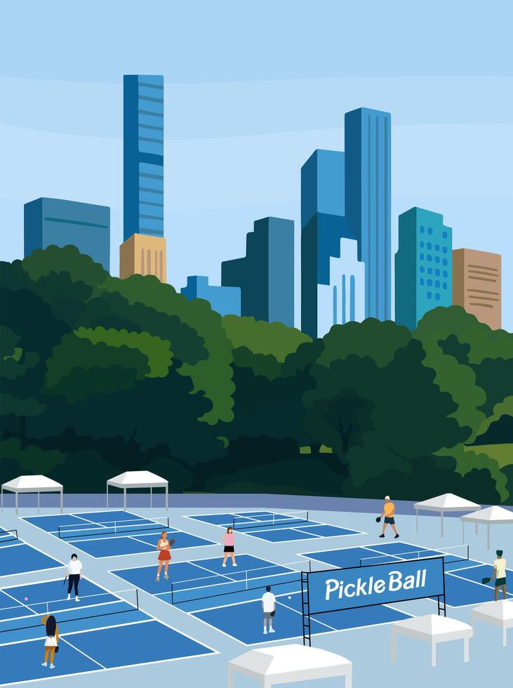 Pickleball courts with city skyline vector