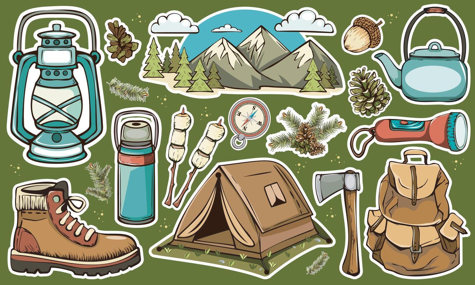 Camping gear and equipment illustration vector