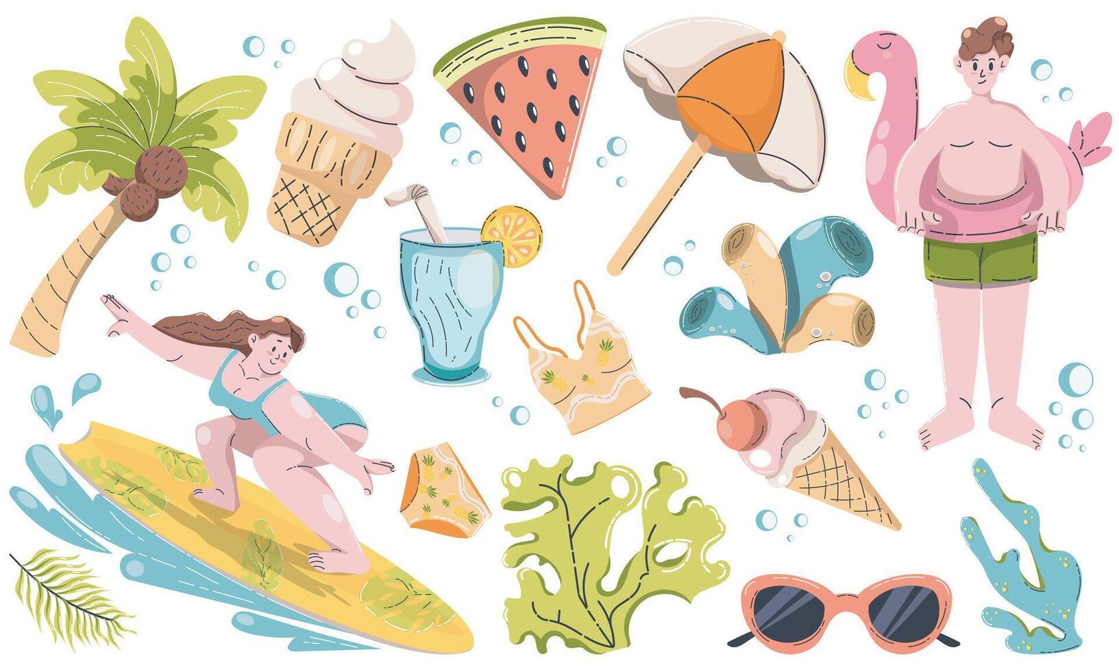 Summer beach illustrations with fun activities vector