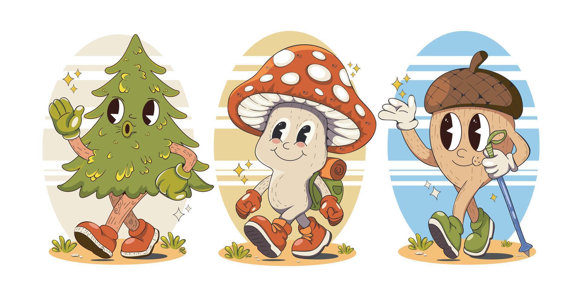 Cartoon forest characters including tree and mushroom vector