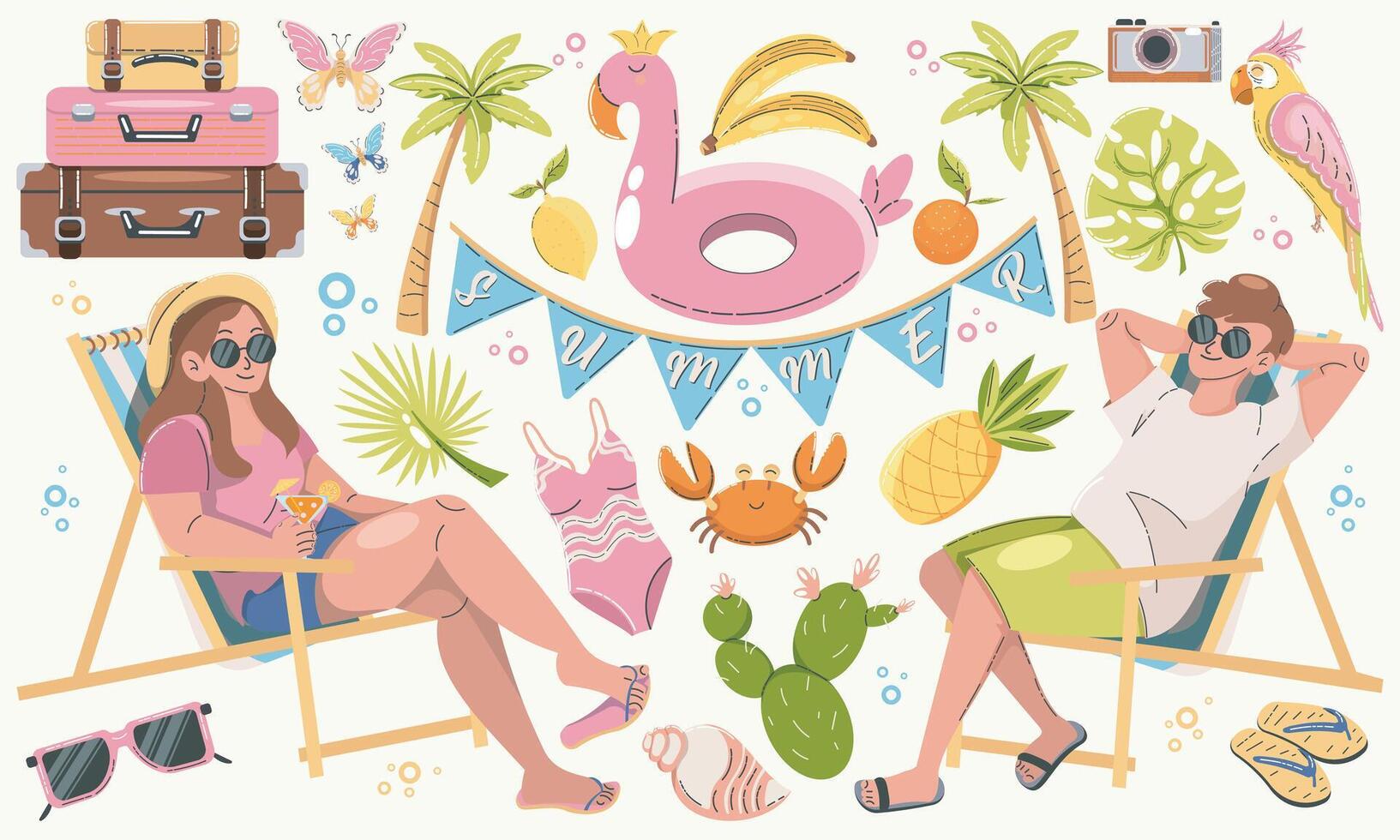 Summer beach scene with tropical elements vector