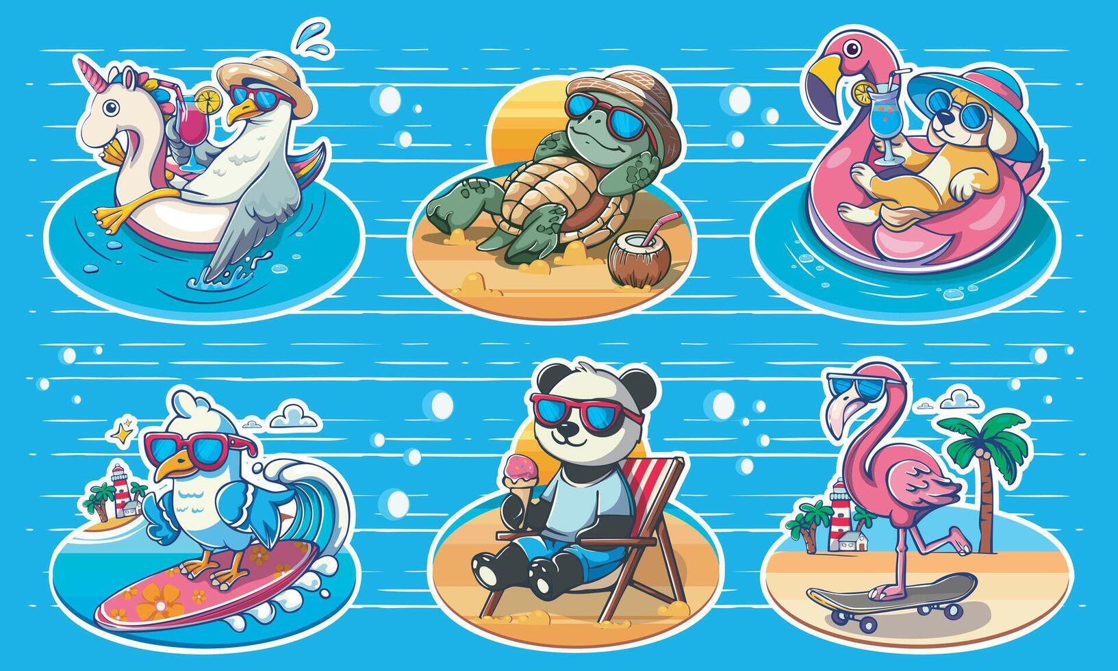 Animals enjoying summer beach activities vector