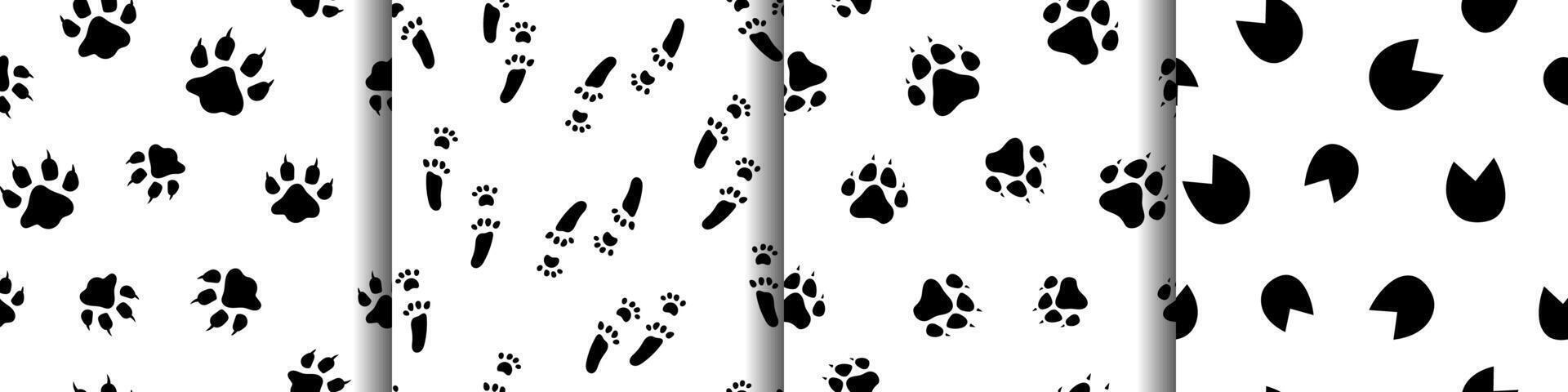 set of trail seamless patterns with animals paw steps. Black silhouette animal tracks on white backgrounds. Seamless pattern collection of dog, cat, horse, rabbit footprints. vector