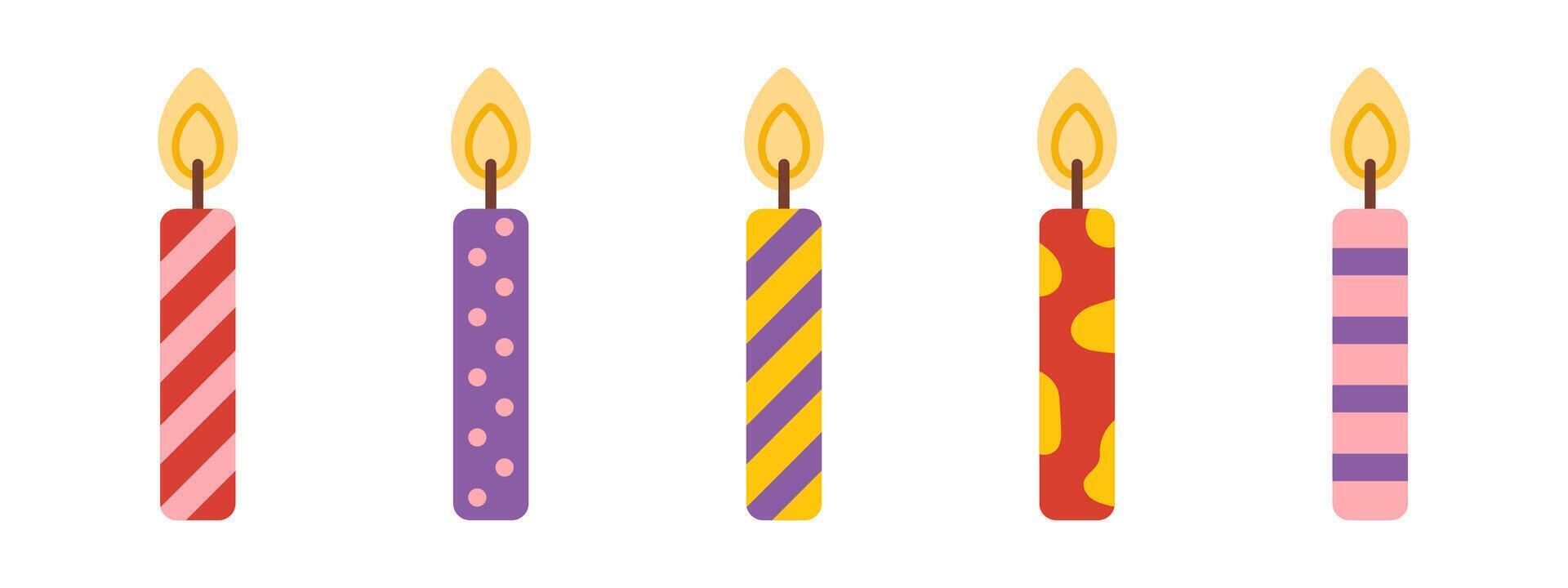 Set of colorful birthday candles in doodle cartoon style. candlelights with glowing flames. Funny festive candles collection for cake decoration and holiday events. vector