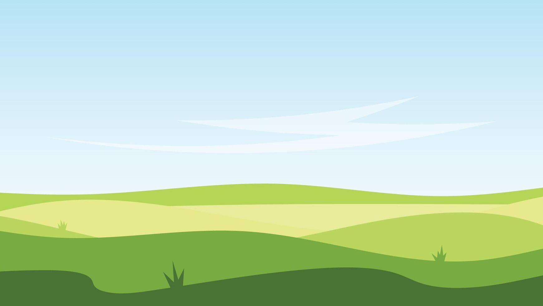 green field with white cloud and blue sky background. landscape cartoon scene vector