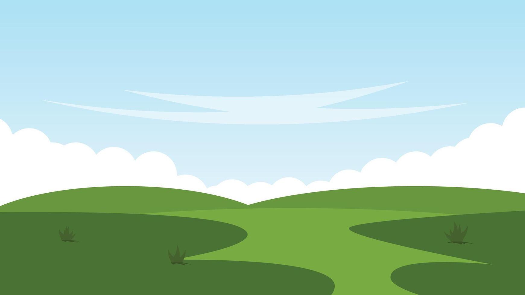 green field with white cloud and blue sky. nature landscape cartoon scene vector