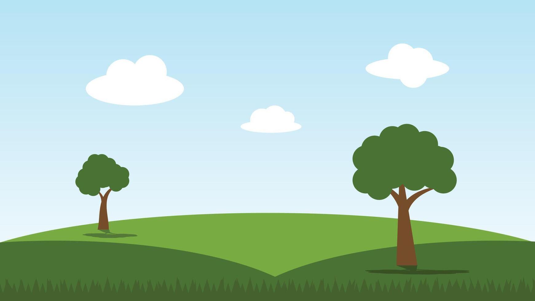 green field with trees and blue sky background. nature landscape cartoon scene vector