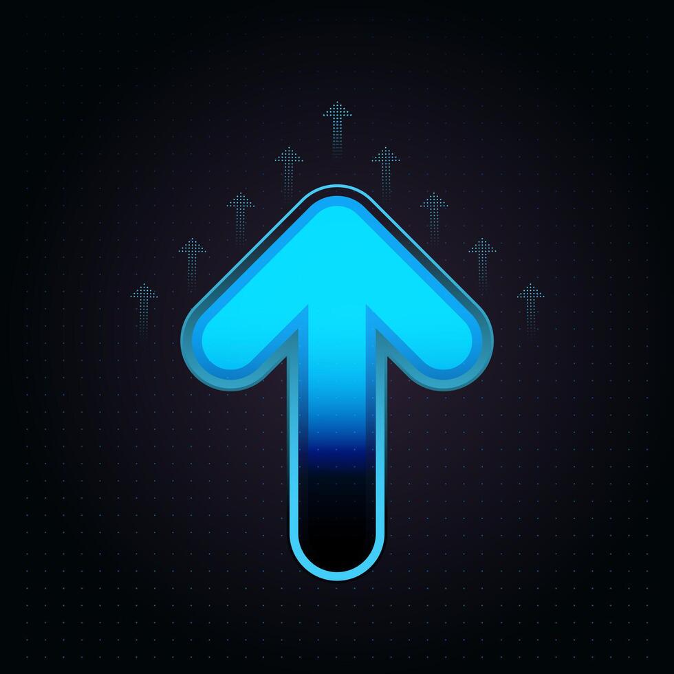 The up trend blue arrow dominates the center of a dark background and upward motion in illustration vector
