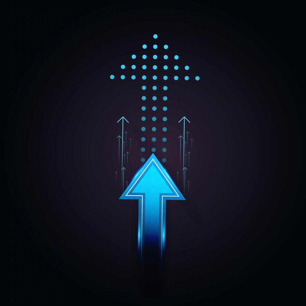 A bold, glowing blue arrow dominates the center of a dark background, symbolizing growth and forward movement. up trend in illustration vector