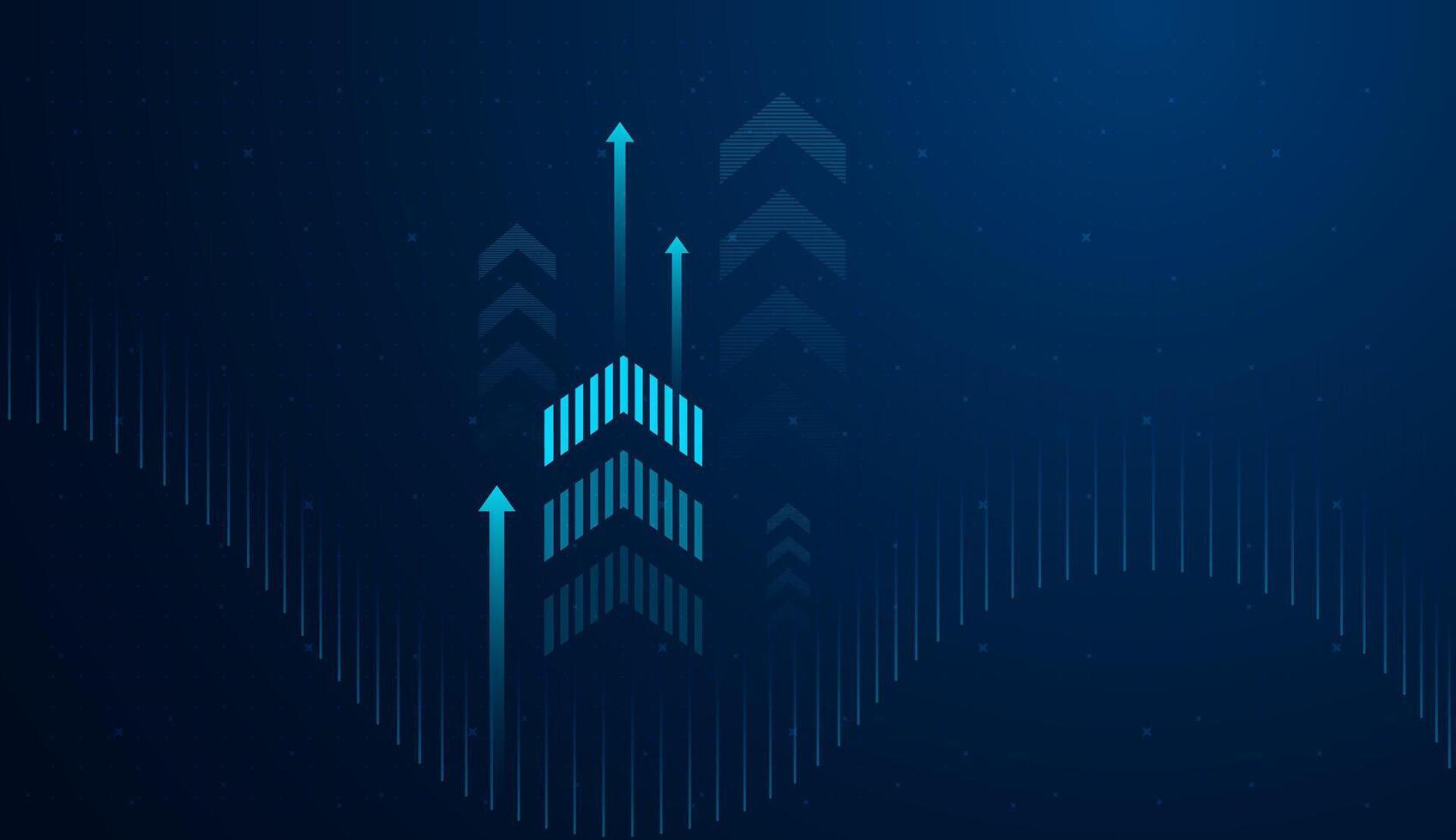 A smooth data wave curves across the background, suggesting real-time analytics, financial forecasting, or market fluctuations. and Group of upward arrows against a dark blue background vector