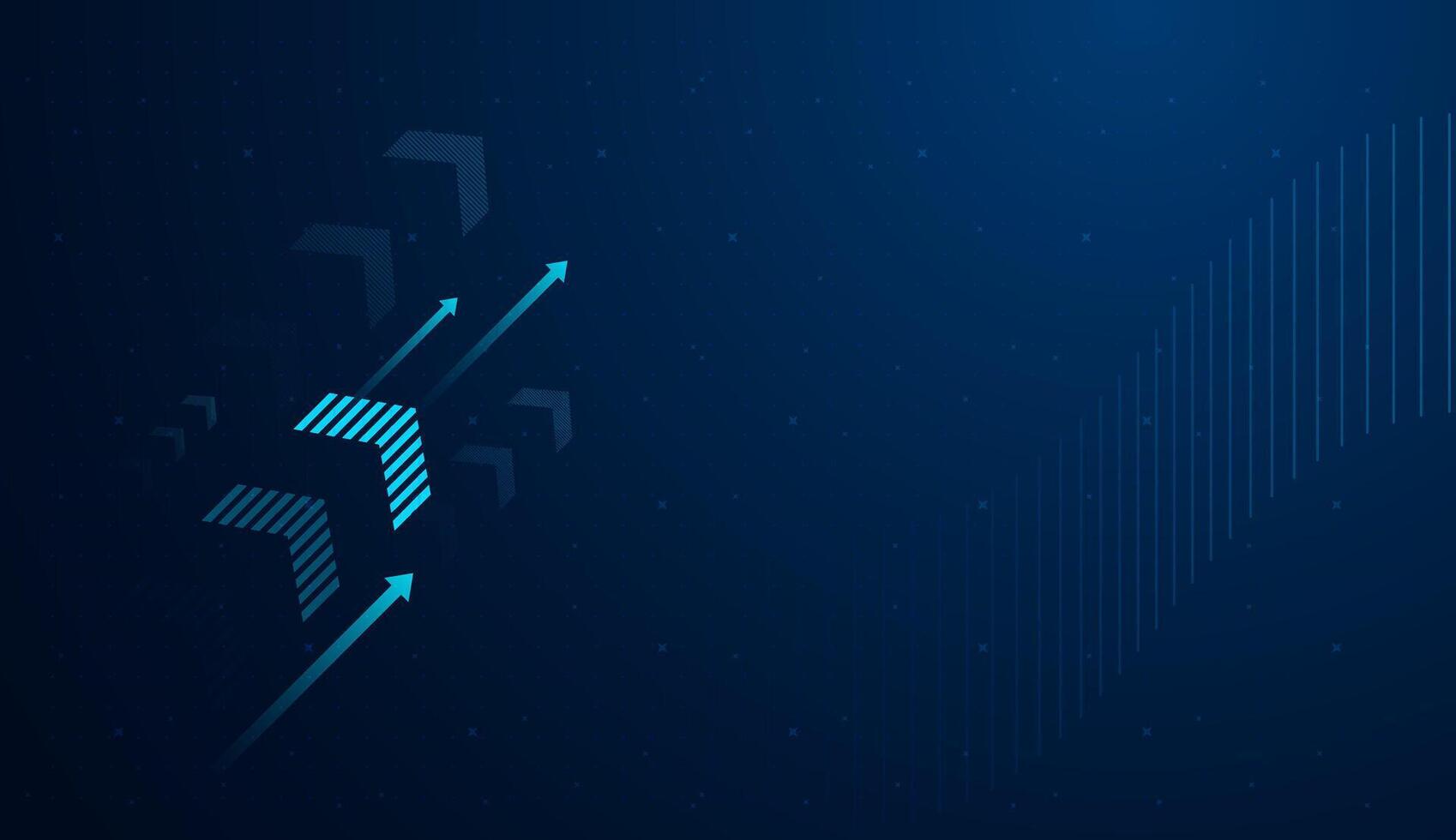The blue arrow points upward, symbolizing strong growth or technological progress in a digital environment. on dark blue gradient background for business themes illustration vector