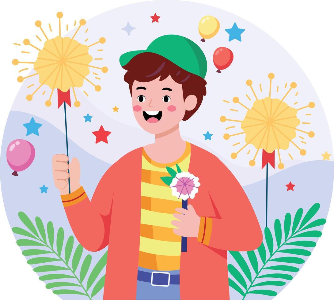 A flat style illustration showing a person holding sparkles sticks vector