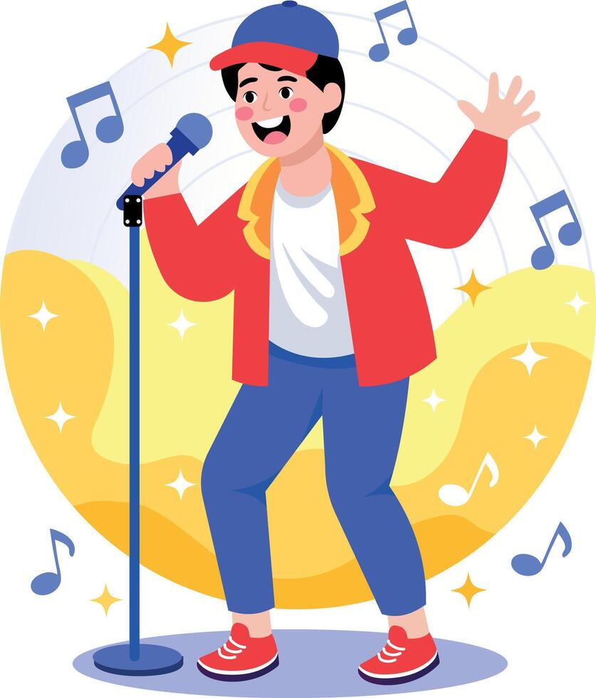 A flat style illustration showing a boy enjoying karaoke vector