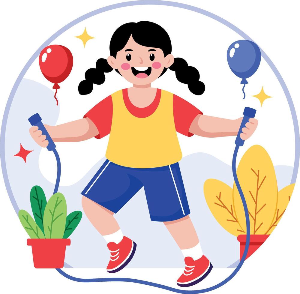 A flat style illustration showing a kid skipping vector